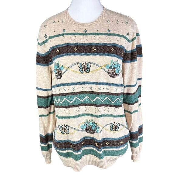 Floral Butterfly Embroidered Beaded Sweater Alfred Dunner Size Medium - Picture 1 of 9